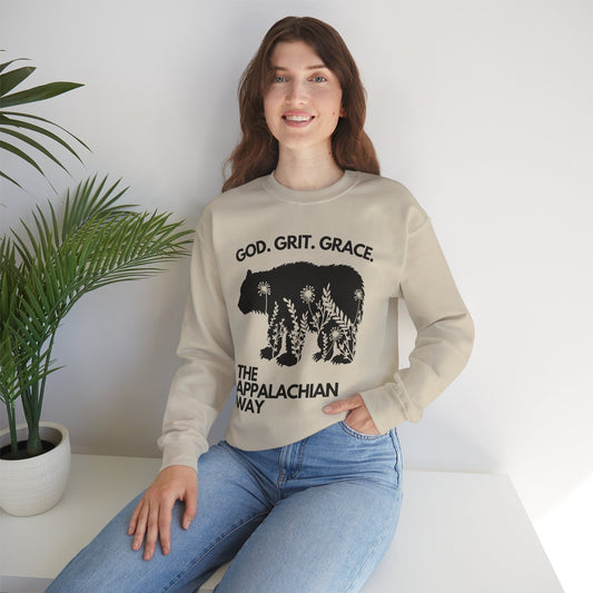 God Grit Grace Bear Floral Graphic The Appalachian Way Unisex Heavy Blend Crewneck Sweatshirt | christian, inspirational saying, gifts for