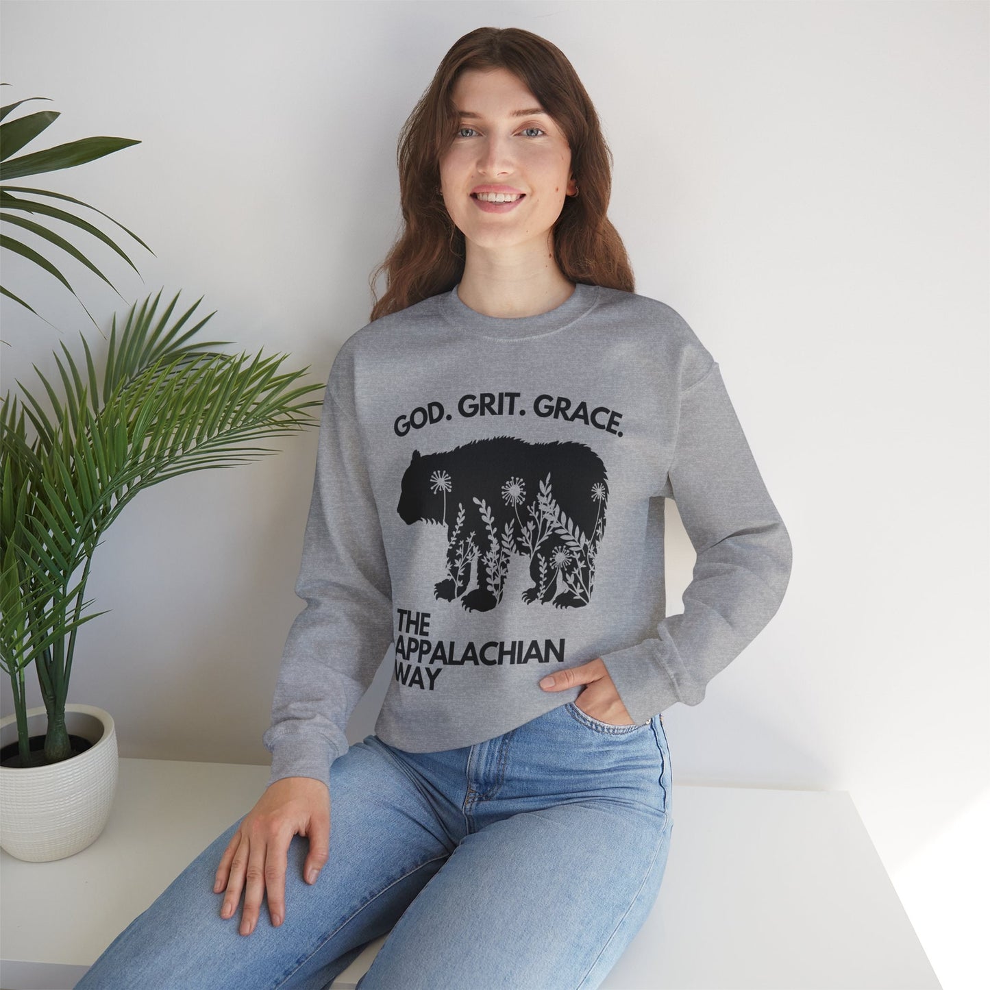 God Grit Grace Bear Floral Graphic The Appalachian Way Unisex Heavy Blend Crewneck Sweatshirt | christian, inspirational saying, gifts for