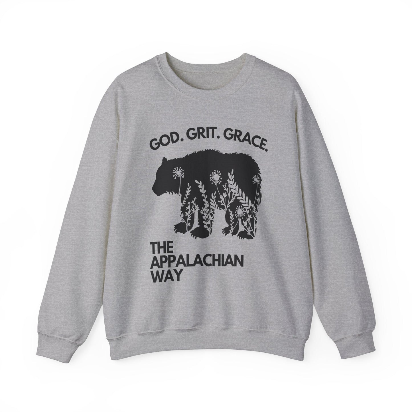 God Grit Grace Bear Floral Graphic The Appalachian Way Unisex Heavy Blend Crewneck Sweatshirt | christian, inspirational saying, gifts for