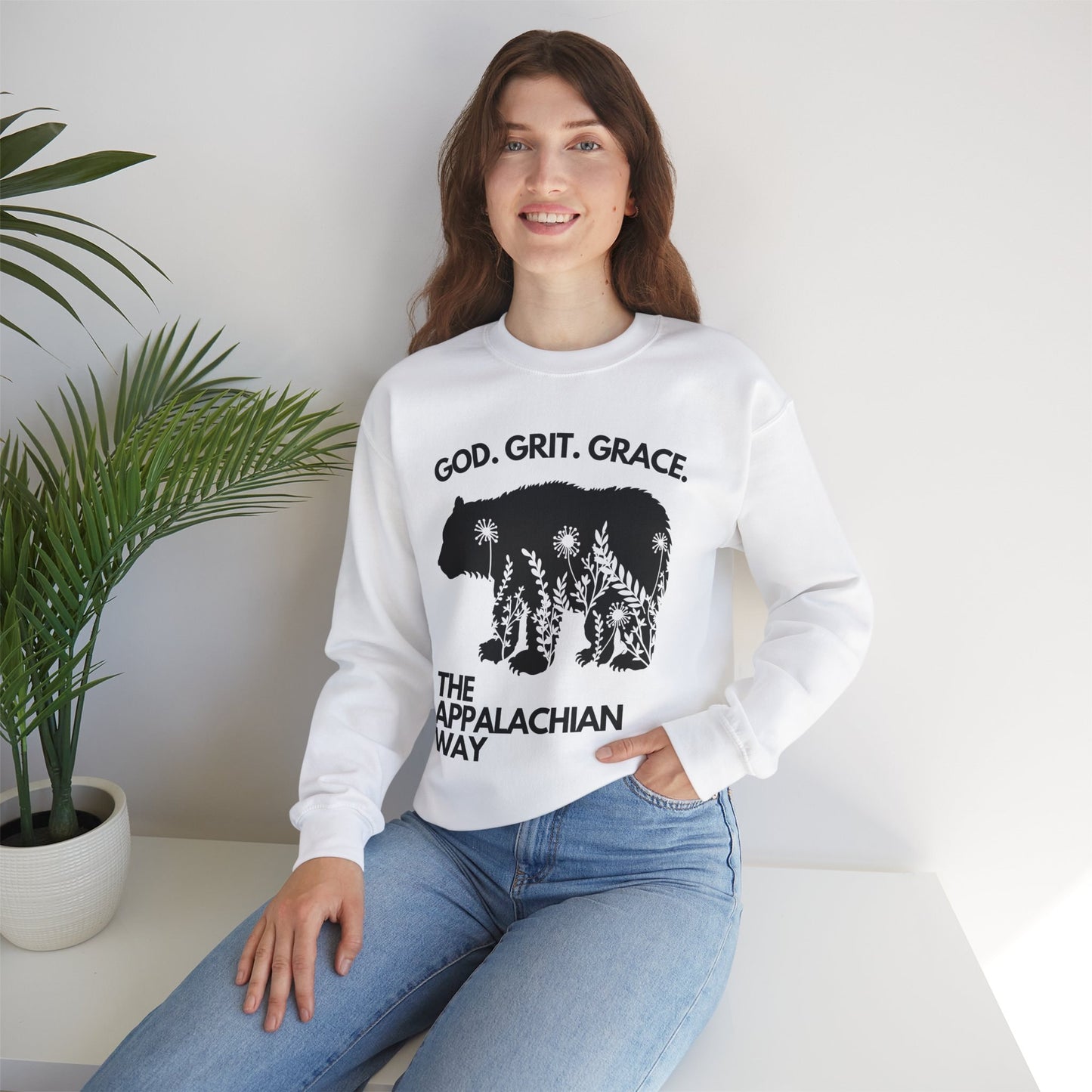 God Grit Grace Bear Floral Graphic The Appalachian Way Unisex Heavy Blend Crewneck Sweatshirt | christian, inspirational saying, gifts for