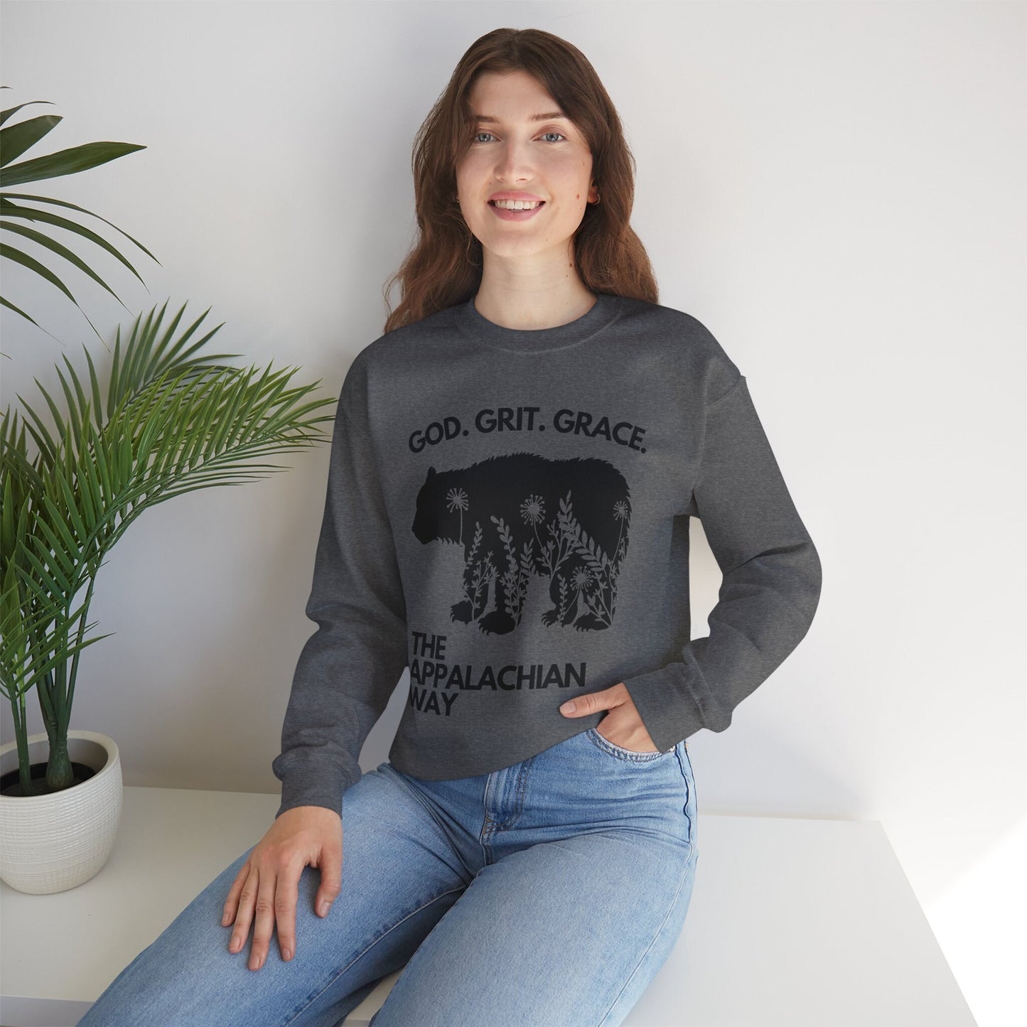God Grit Grace Bear Floral Graphic The Appalachian Way Unisex Heavy Blend Crewneck Sweatshirt | christian, inspirational saying, gifts for