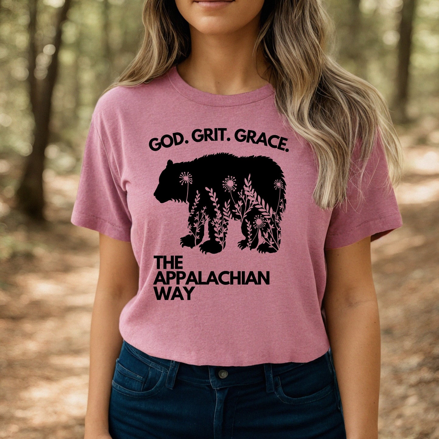 God Grit Grace Bear Floral Graphic The Appalachian Way Short Sleeve T-shirt | Christian Shirt, Inspirational Saying Shirt, gifts for her