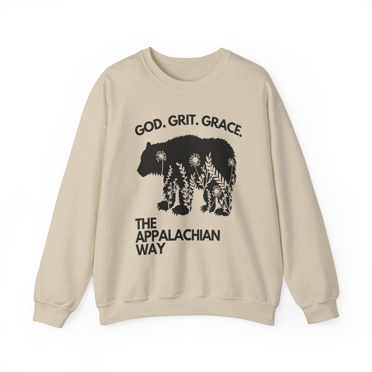 God Grit Grace Bear Floral Graphic The Appalachian Way Unisex Heavy Blend Crewneck Sweatshirt | christian, inspirational saying, gifts for