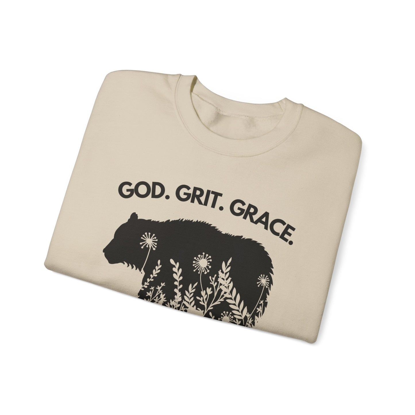 God Grit Grace Bear Floral Graphic The Appalachian Way Unisex Heavy Blend Crewneck Sweatshirt | christian, inspirational saying, gifts for