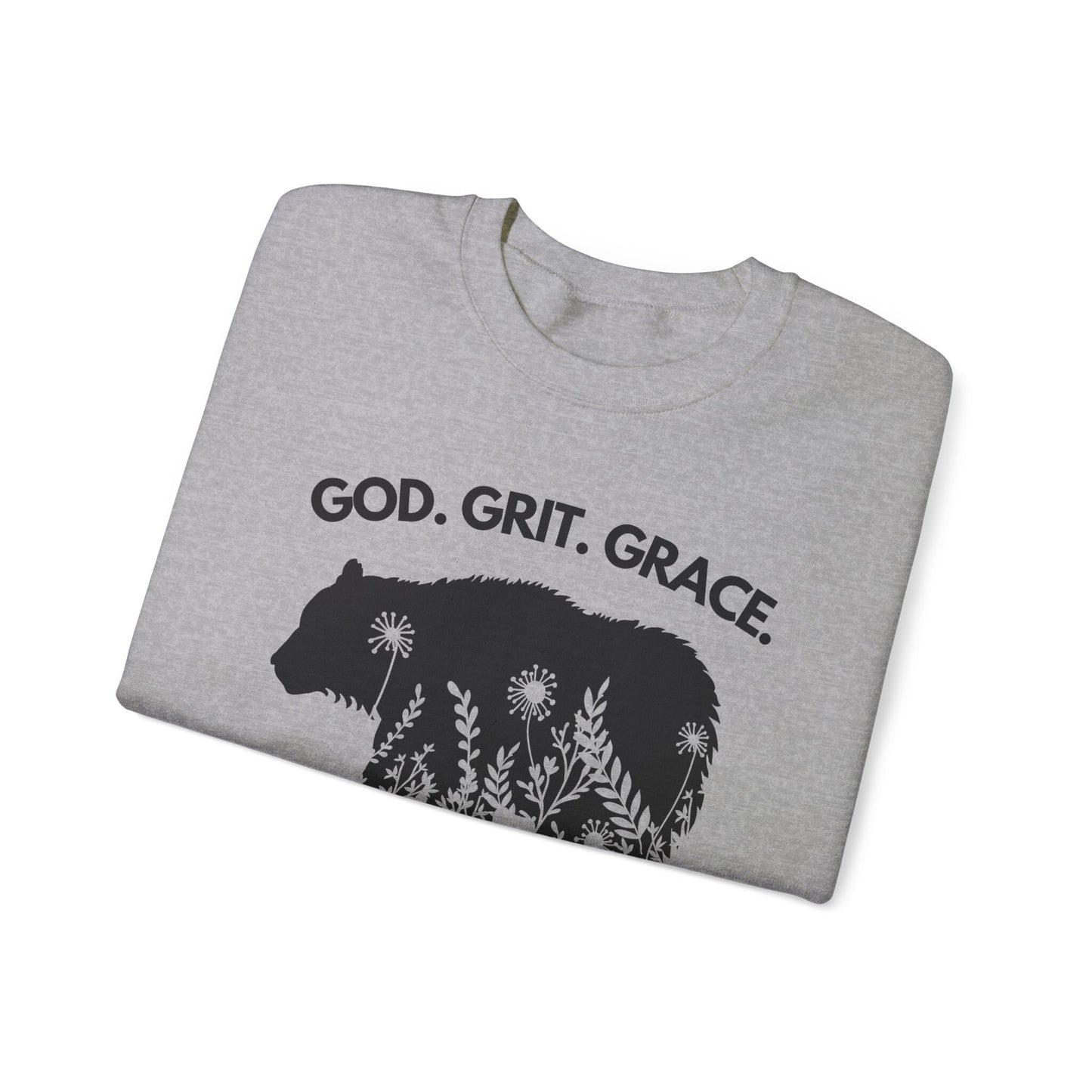 God Grit Grace Bear Floral Graphic The Appalachian Way Unisex Heavy Blend Crewneck Sweatshirt | christian, inspirational saying, gifts for